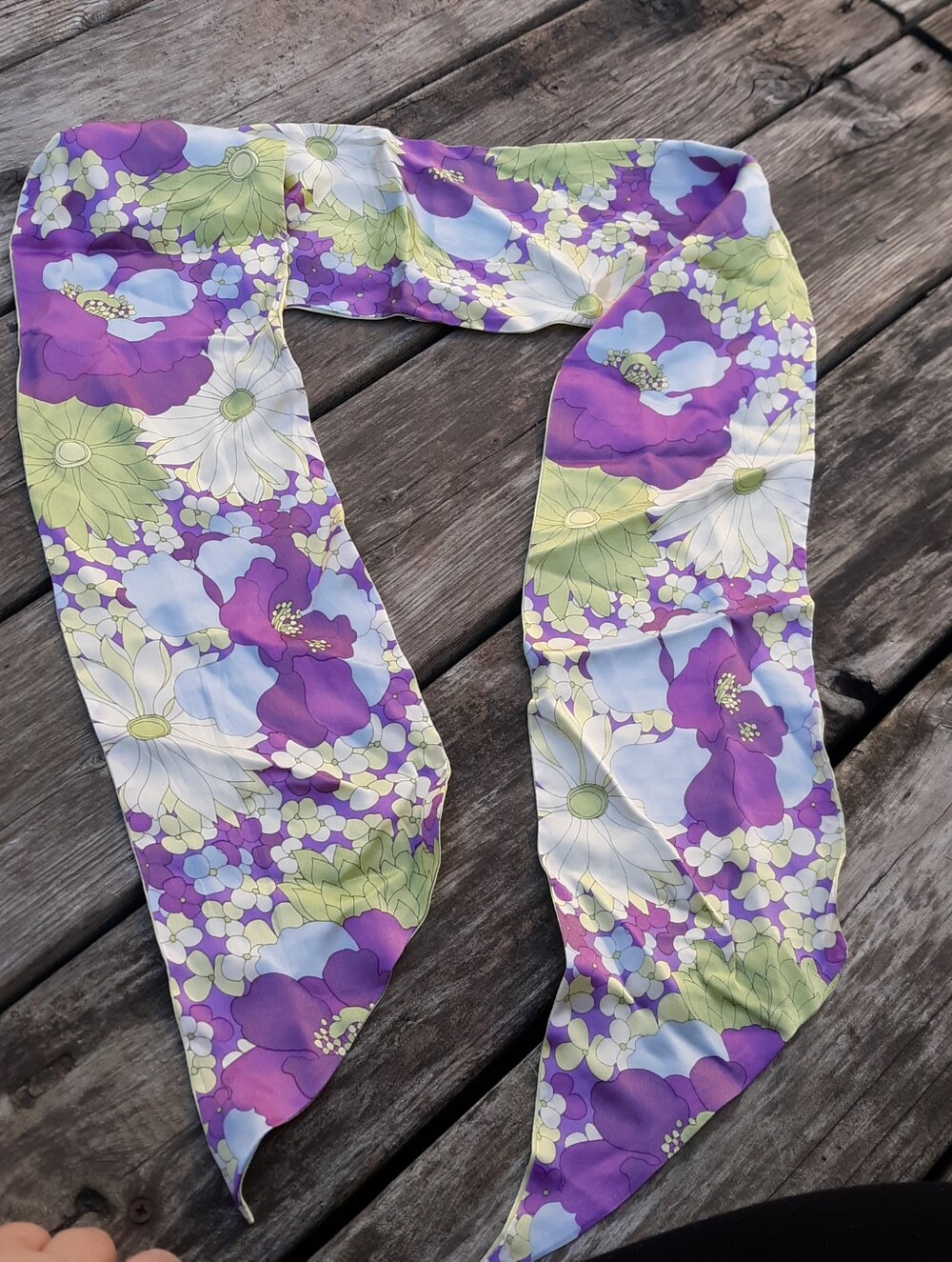 TALBOTS 100% Silk Scarf Retro Floral Purple Green Yellow Pointed Ends 5.5x65